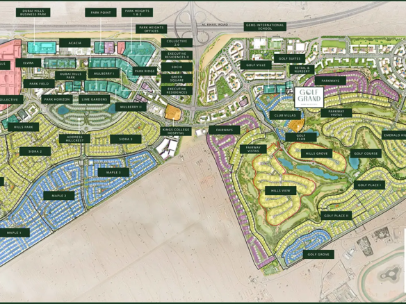 Dubai Hills master plan map showing residential communities, golf course, parks, schools, retail zones, and main road connectivity